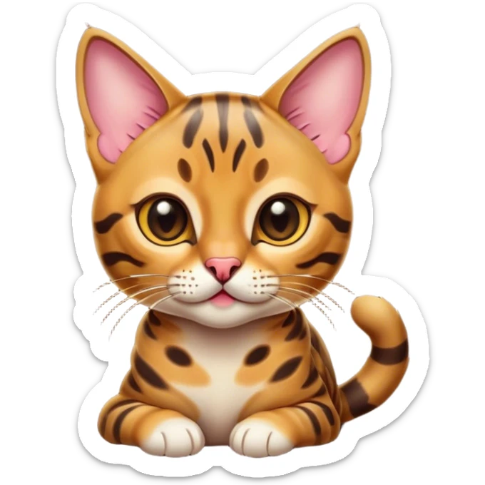 Cinematic Cute Bengal Cat Portrait Emoji, Playful and charming, sleek spotted brown and gold tones, Simplified yet adorable features, highly detailed, glowing with a warm, friendly glow, high shine, curious and affectionate, stylized with a touch of whimsy, bright and alert, soft glowing outline, capturing the essence of a mischievous yet loving kitten, so endearing it feels like it could pounce out of the screen and play! sticker
