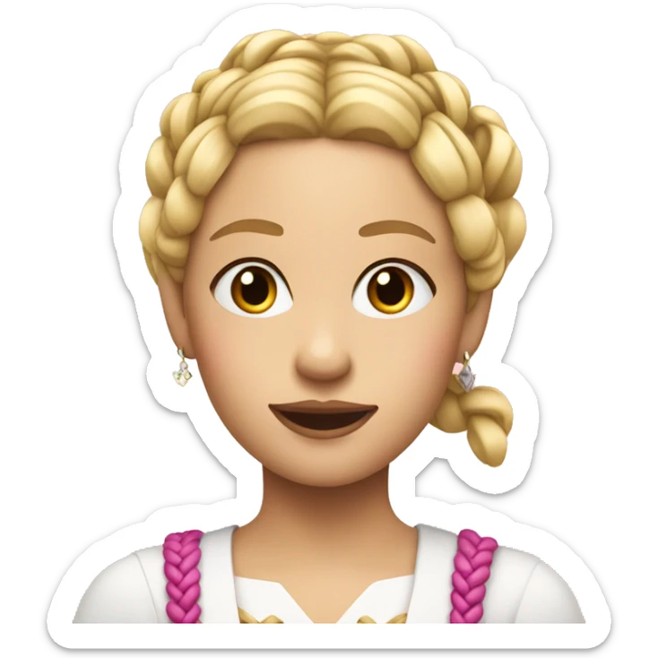 blonde gen z girl with french braids, with pink make-up, wearing a small crown sticker