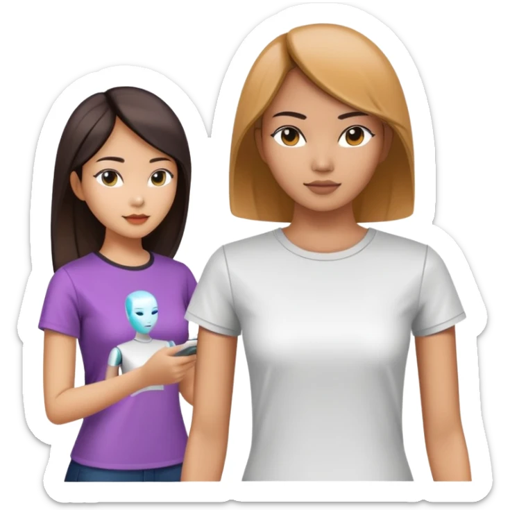 asian female clothing designer dressing normal T shirt, designing futuristic clothing on a headless mannequin sticker