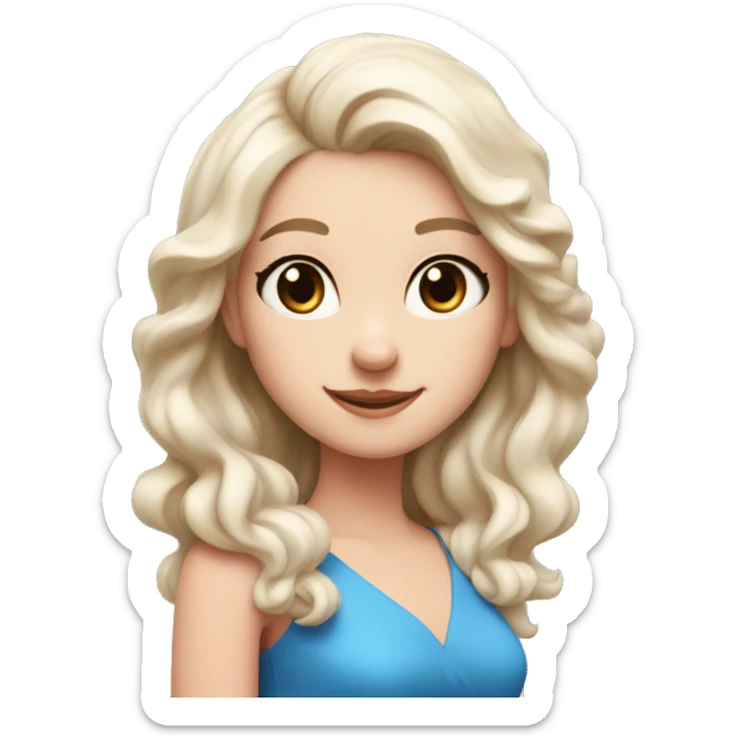 White girl with wavyblack hair, blue eyes, pink dress, red fox ears, smile sticker