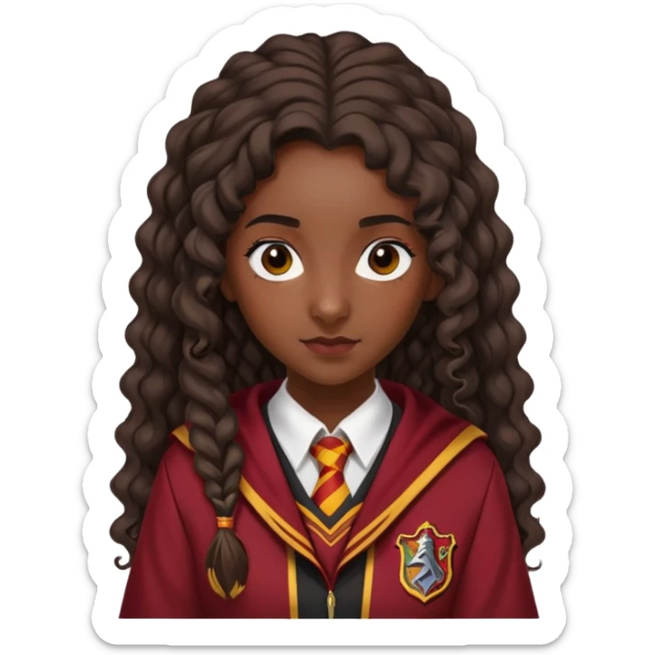 Alicia Spinnet in harry potter, wear hogwarts gryfindor uniform, long, dark, curly ponytail hair, dark skin sticker