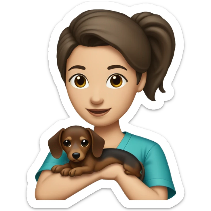 Brunette woman with a top knot wearing scrubs holding a dachshund in her arms sticker