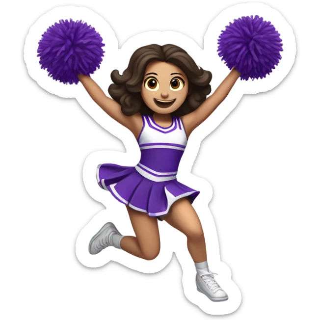 Caucasian cheerleader with long dark brown hair, jumping and holding up two purple Pom poms, small full body emoji sticker