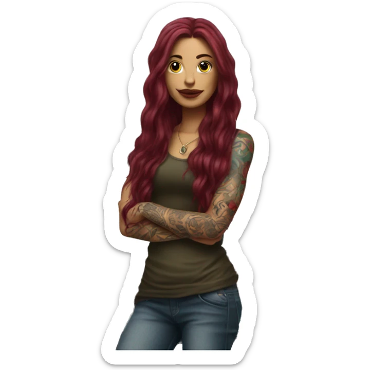 Beautiful tattooed burgundy long haired woman standing next to a car sticker