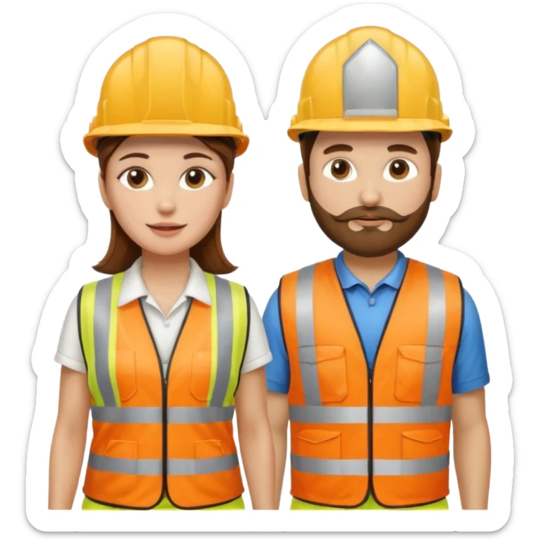 me haces una mujer pelo marron y un hombre con barba , que ambos esten vestidos como constructores de obra que sean blancos de piel  sticker