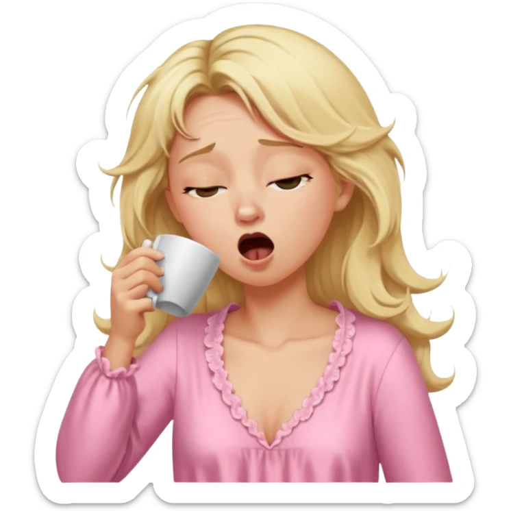 A blonde woman in a pink nightgown yawns, looking sleepy with dark circles under her eyes, drinking coffee, looking like she just woke up sticker