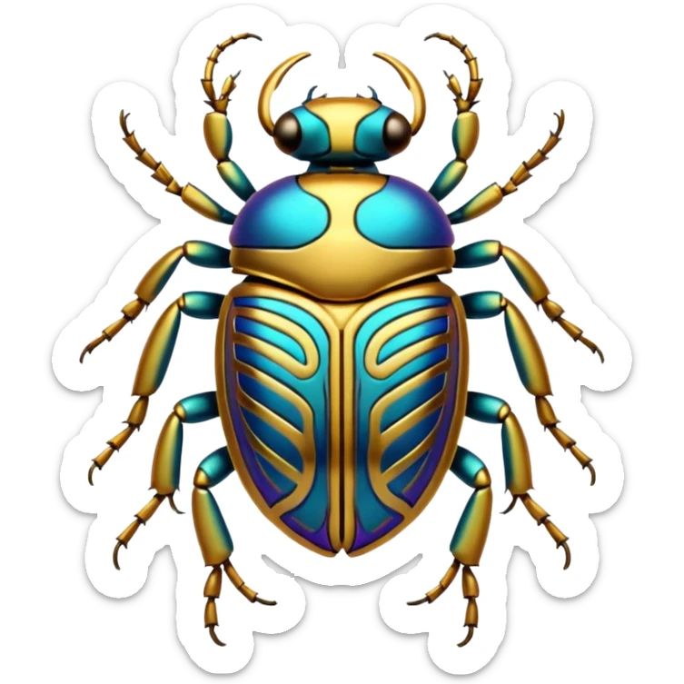 gold, shiny ancient Egyptian-styled holy metal scarab with intricate colorful markings and patterns sticker
