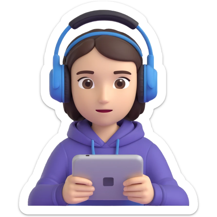3D emoji style portrait of a student during an online exam, showing concentration, wearing headphones, with a digital device in front sticker