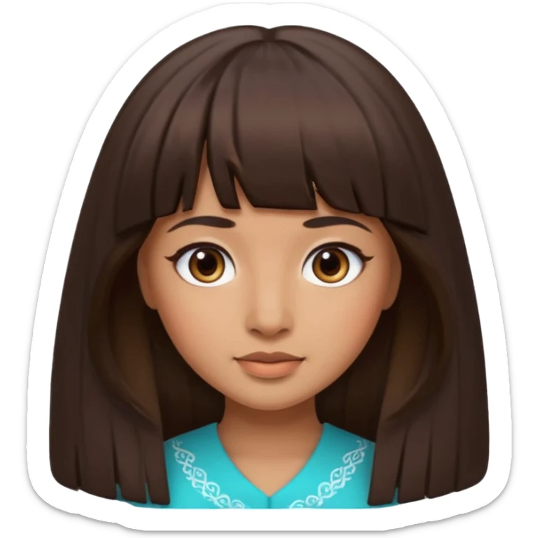 In Apple Memoji format, a girl with dark brown hair. She has bangs and her hair is long. The girl has light brown skin and arab ethnic features sticker