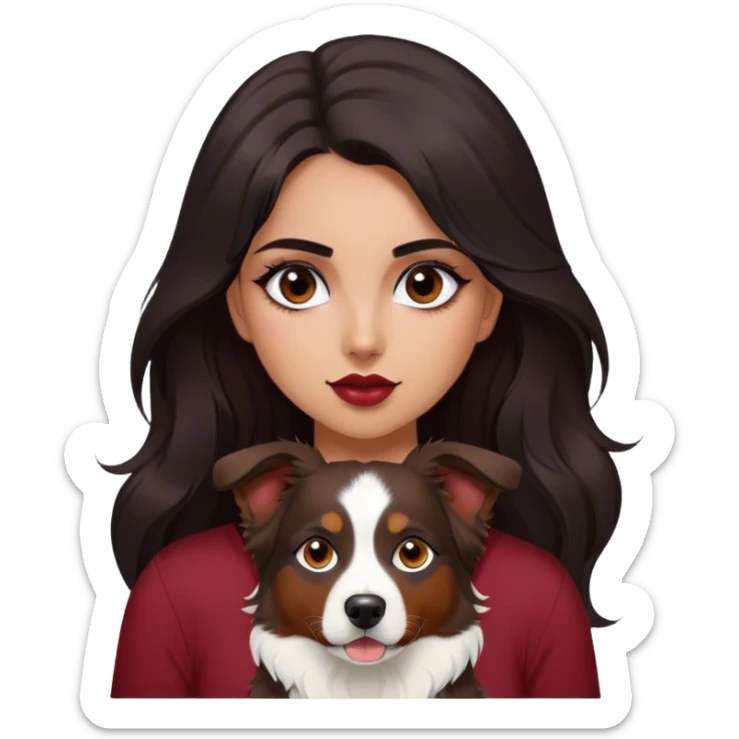 One latina girl with long beautiful dark hair and dark eyes in a dark red v neck and makeup with a black brown and white tri Australian shepherd large sticker