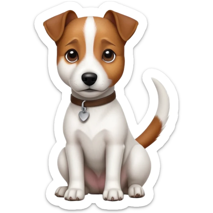 cinematic-[jack Russel terrier]-realistic-full-body-sitting-emoji,-tail-resting-loosely-beside-its-paws,-head-tilted-dramatically, -sleek-[brown and white]-fur,-simplified-yet-realistic-focused-features,-highly-detailed,-glowing-with-an-almost-sarcastic-glow sticker