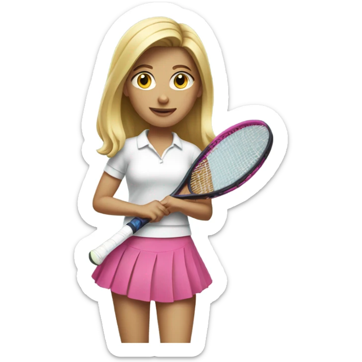 Blonde girl wearing white shirt and pink skirt holding a tennis racquet  sticker