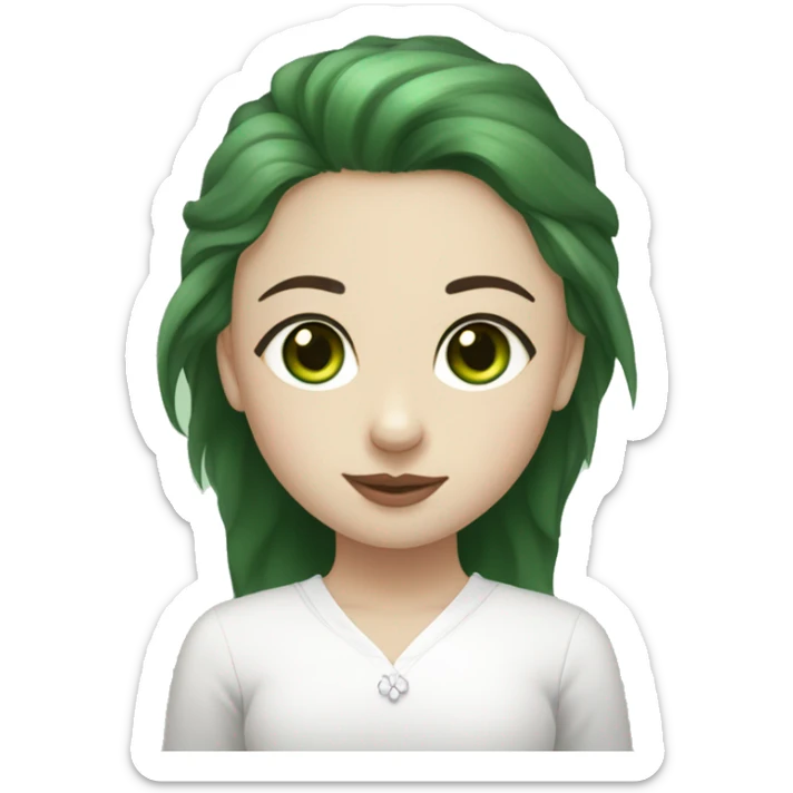 white spitz with green eyes in the arms of a girl. the girl has dark hair, light strands near her face. green eyes, wide eyebrows sticker