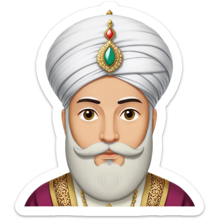​Cinematic Realistic Portrait of Suleiman the Magnificent, depicted as a regal Ottoman sultan adorned with a large, white, round, tall turban and a majesti beard, his commanding gaze bathed in warm, historic lighting that exudes timeless authority and grandeur, sticker