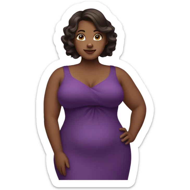 curvy woman holding chest, dark brown hair, purple dress sticker
