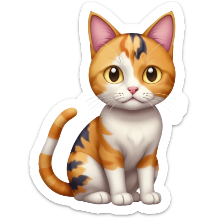 full body colourful calico tabby cat with disproportioned head with an anxious face and white front legs sticker