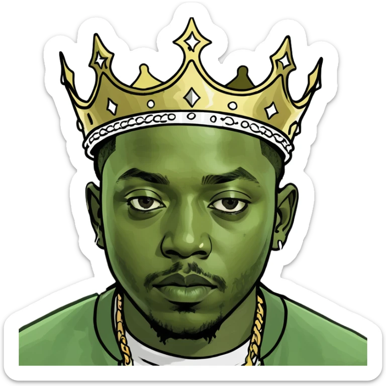 Peepo emoji of Kendrick Lamar as a king, cute face, royal crown, joyful and expressive sticker