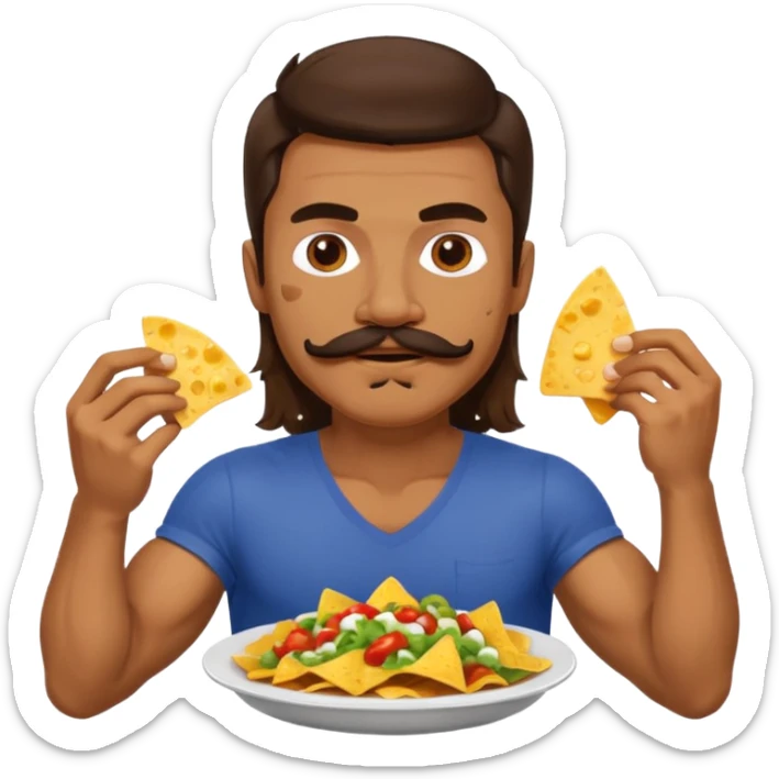 ripped guy with his shirt off and long hair and mustache eating nachos sticker