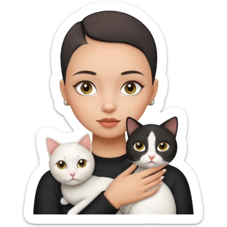 HAZEL EYES , BLACK BLACK BLACK BUZZ CUT LIGHT SKIN ROUND FACE GIRL HOLDING 1 WHITE CAT sticker