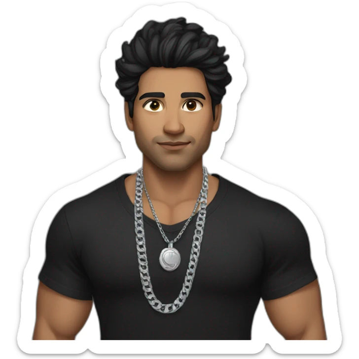 A strong Indian man wearing men silver chain,styled on a Full sleeve black tshirt,black hair white skin sticker