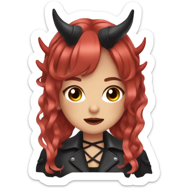 demon hime gyaru girl, red hair, black eyes, oni horns, leather coat sticker