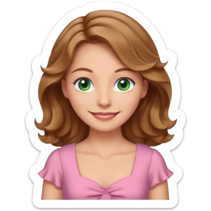 A woman has beige skin, wavy light brown hair, green-blu eyes, she wears pink dress  sticker