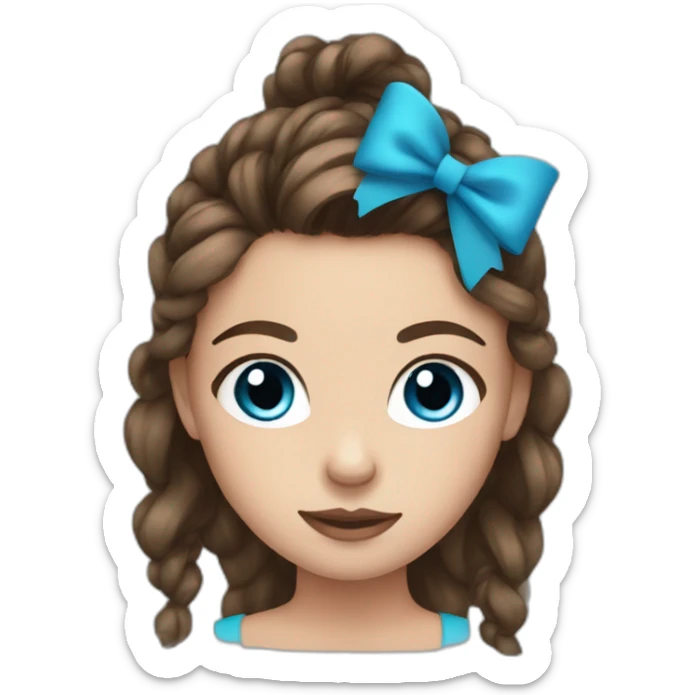 Girl with blue eyes brown hair and a messy ponytail with a black bow sticker