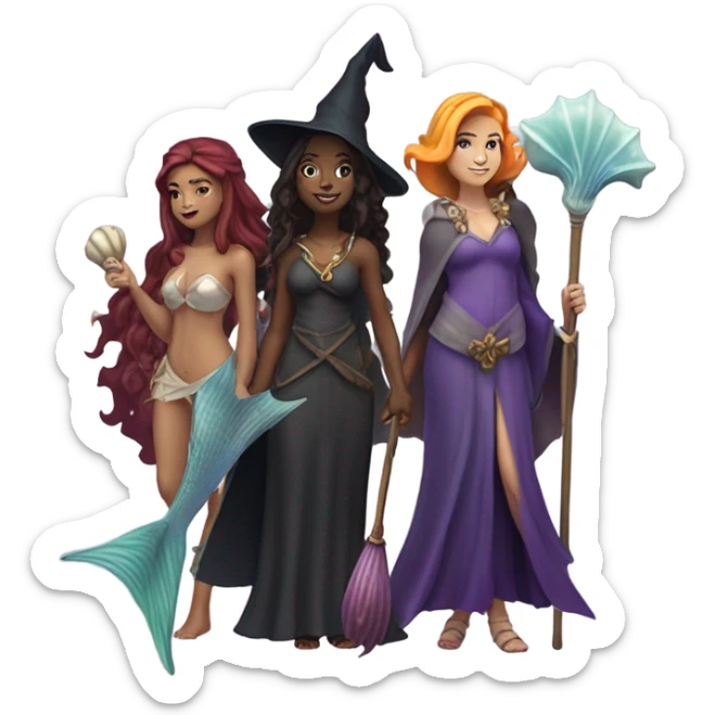 A group of 5 friends, consisting of a female witch, a female wizard, a male merman, a female fairy, and a female siren sticker