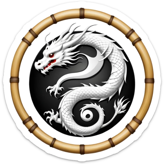 An icon symbolizing Eastern martial arts in the style of an emblem, with a black-and-white Yin-Yang symbol at the center. A dragon is placed on either side, representing strength and wisdom. The design includes bamboo and traditional elements. Transparent background sticker