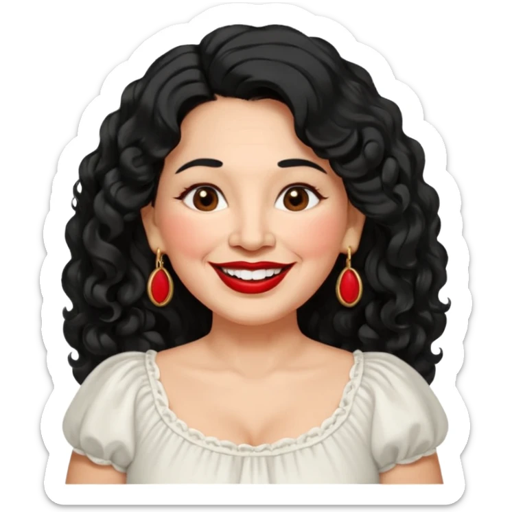 60 yr old Mexican woman, slightly chubby, wavy/curly long black hair, red lipstick, big smile, white teeth, brown eyes, hoop earings, side part to hair, round face, pretty white dress, hair side swept, big hoop earing sticker