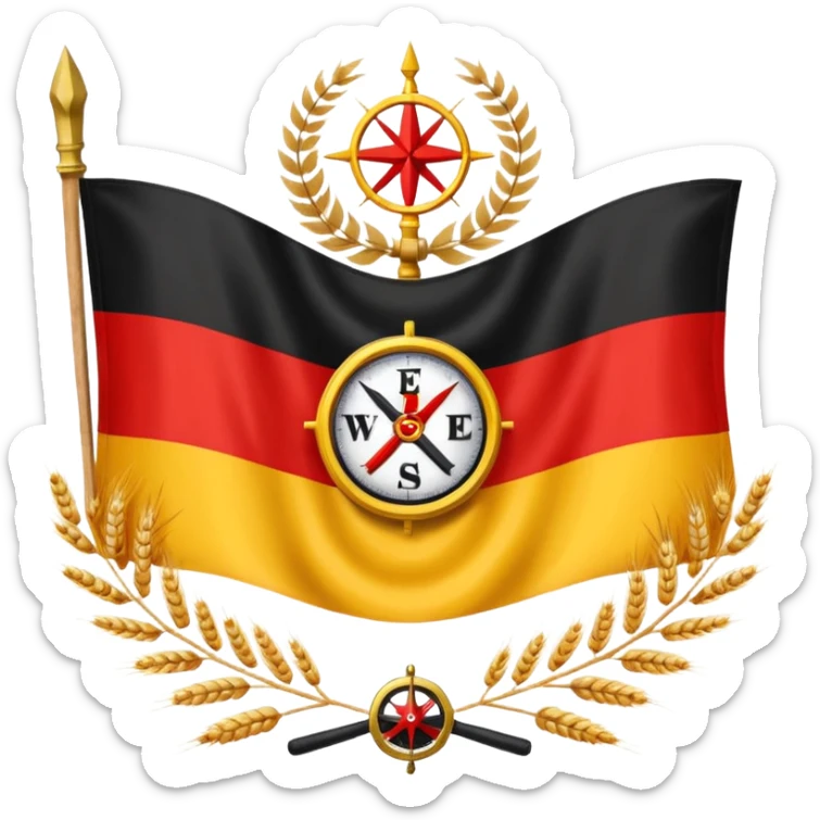 The flag of East Germany (the German Democratic Republic or GDR) consisted of the traditional German black, red, and gold horizontal tricolor, distinguished by a central emblem of a Centered in the red band, the national emblem featured a hammer, a compass, wreath of wheat. sticker