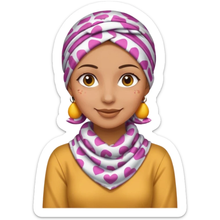 tanned skin woman with a patterned headscarf, makeup, and a long sleeve shirt covering shoulders and arms, emoji style sticker