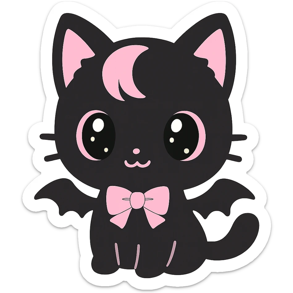 kawaii style magical gothic cat inspired by BLACKPINK, adorable face, black fur with pink highlights, big eyes, tiny bat wings, fun and stylish sticker
