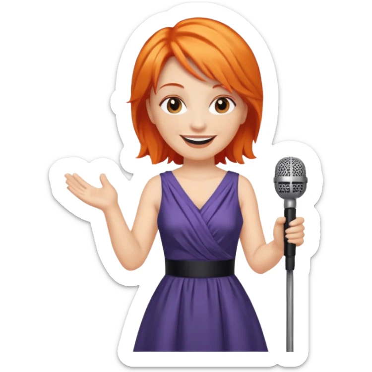 singer, Middle age, orange hair, happy, holding mic, wearing dress sticker