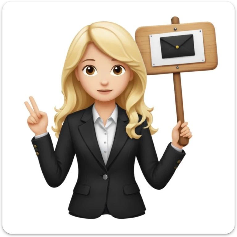 Blonde long wavy hair girl with black office blazer holding a wooden board with a sign 10/10 sticker