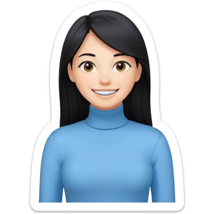 cewe ramah Kulit putih bersih, rambut hitam panjang sleek lurus. Pakai atasan biru muda turtleneck. Pose tangan di pinggang, tatapan senyum percaya diri. sticker
