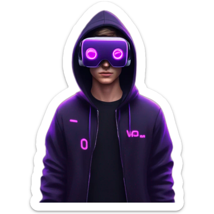Russian young man wearing a black hoodie with "OMG" letters on it and VR headset in a cyberpunk VR environment with violet neon lighting. sticker