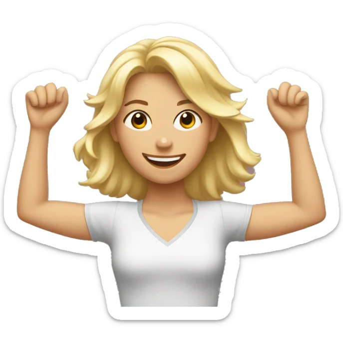 Blonde Girl with both hands in the air. Happy, frontal view above waist only. Enjoying sticker