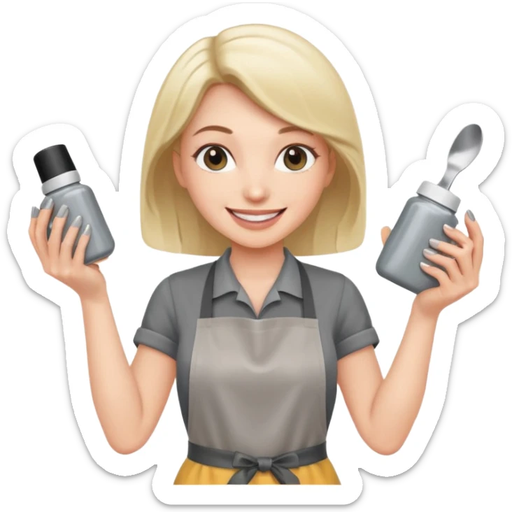 female nail master with buff and gel polish in hand in grey apron  sticker