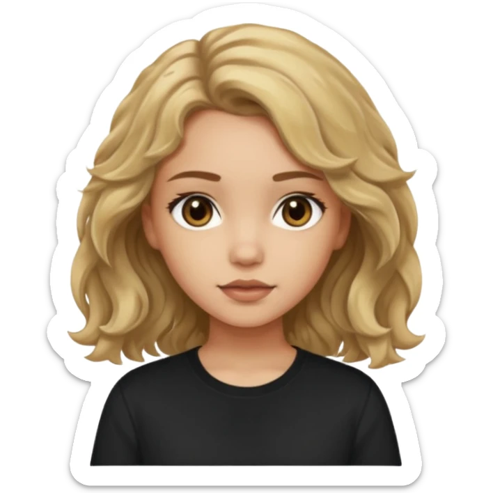 Light skinned girl with dirty blonde wavy hair and deep brown eyes and a black square shirt sticker