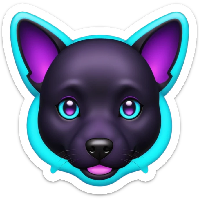 futuristic glowing black dog emoji, neon cyan eyes, purple #8B5CF6 highlights, tech minimal style, dark background sticker