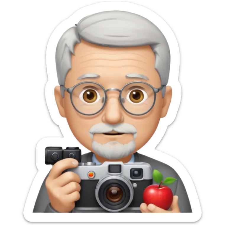 senior man with very short gray hair, very short gray beard, wearing round glasses, holding a camera, Apple emoji style sticker