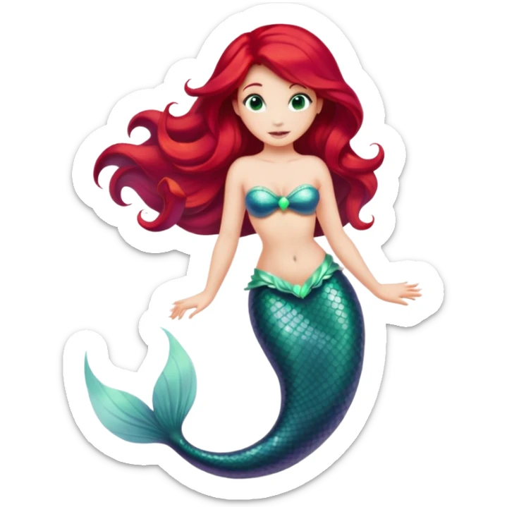 Ariel mermaid princess with red hair and green tail sticker