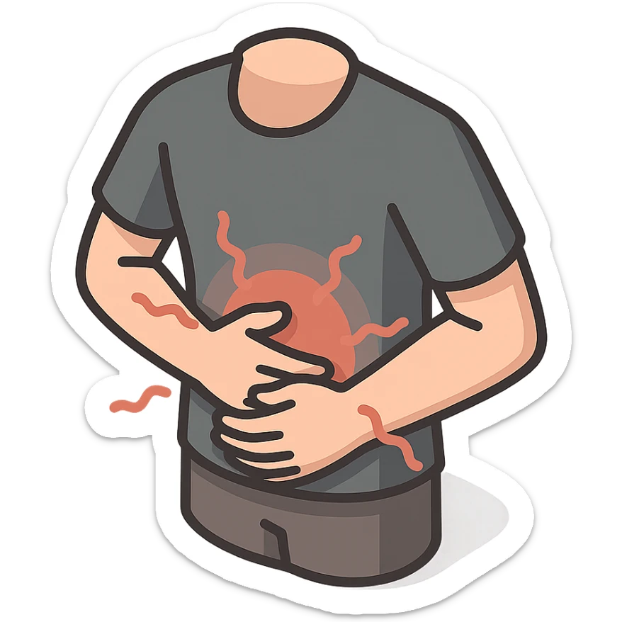 torso of a little person holding a painful stomach, grimacing in pain, pain waves around, 2d isometric style, detailed shadows and highlights, no face below the waist, only torso, stomach, and arms, transparent background sticker