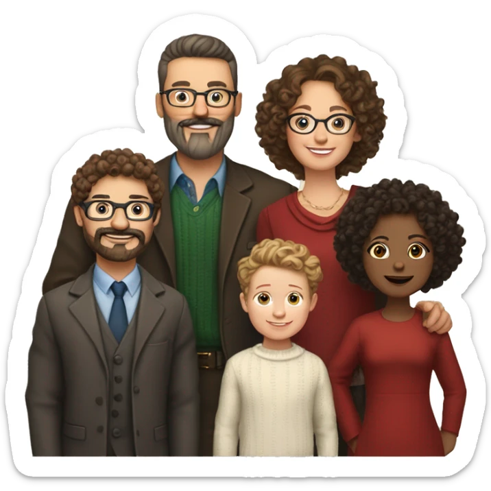 Family of 6 white people, bold head dad, curly dark haired mom,  brown mid long hair daughter, 3 curly light brown hair boys, first with glasses, moustache, 2 other with beard, well dressed for christmas party sticker