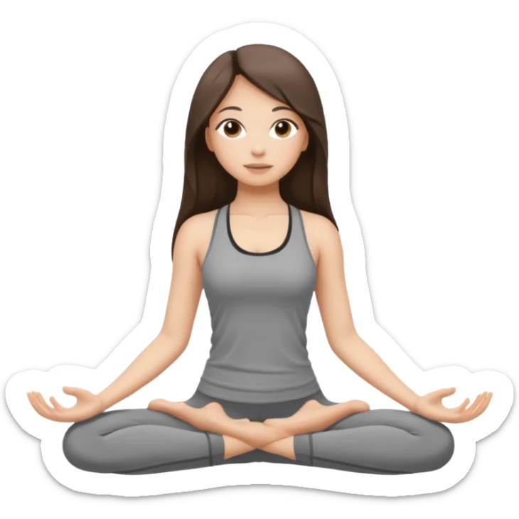 a brunette girl doing yoga, she is wearing a grey fit and she has dark brown long, straight and loose hair.  sticker