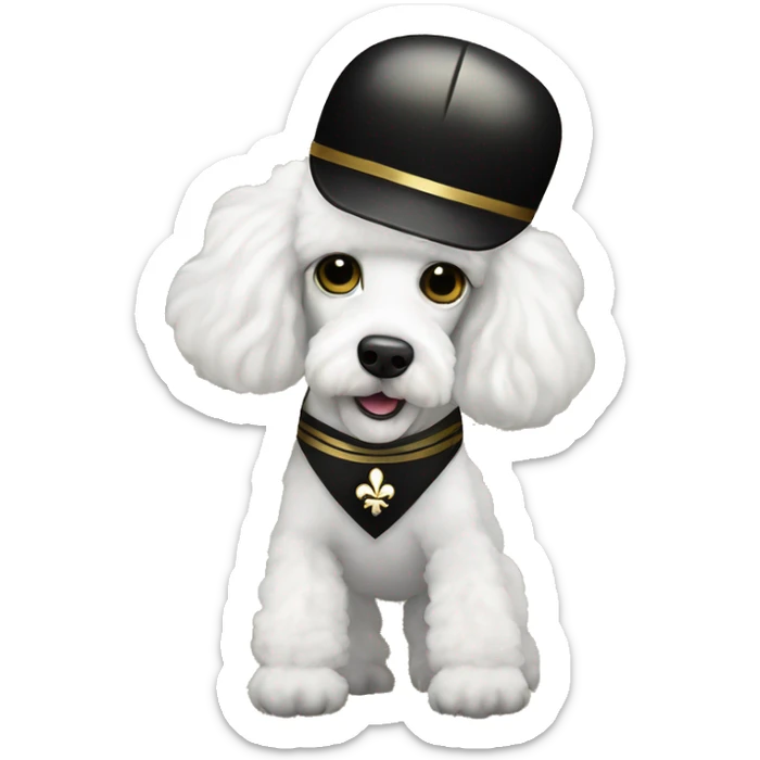 White poodle wearing a black football helmet with gold stripe and gold fleur de lis emblem sticker