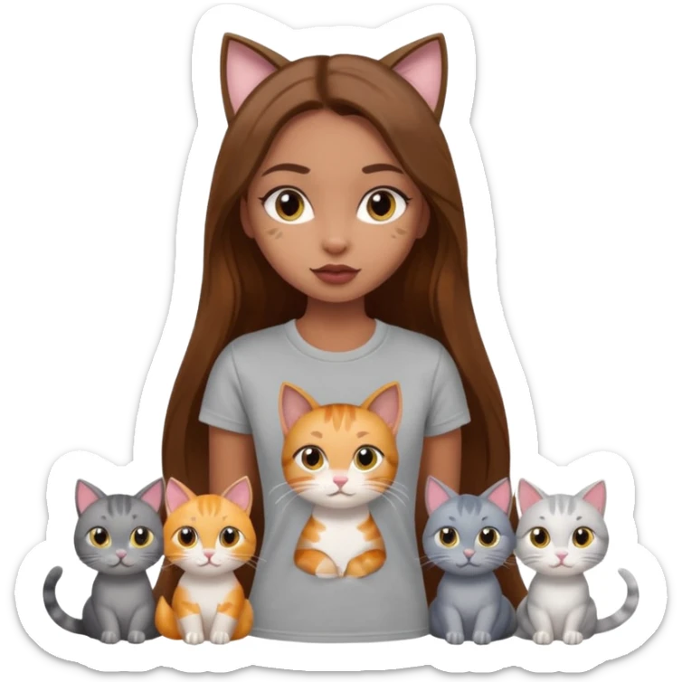 a pretty bratz dusky girl with long brown hair with six cats nd wearing a grey tshirt sticker