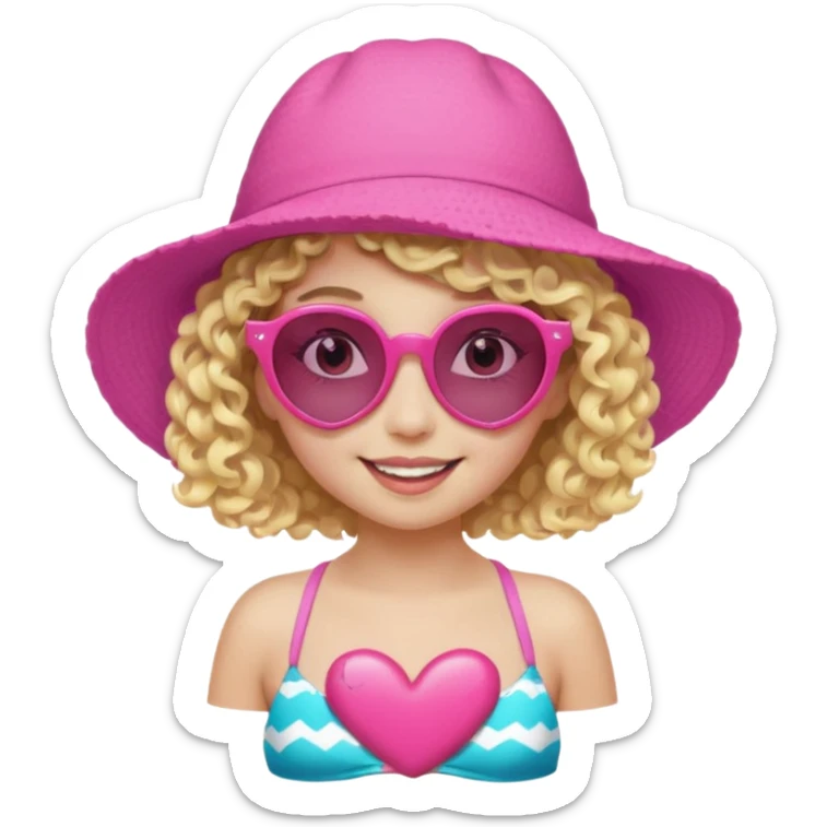 smiling young girl, short curly blonde hair, white skin, pink floppy hat, heart-shaped sunglasses, colorful bikini sticker