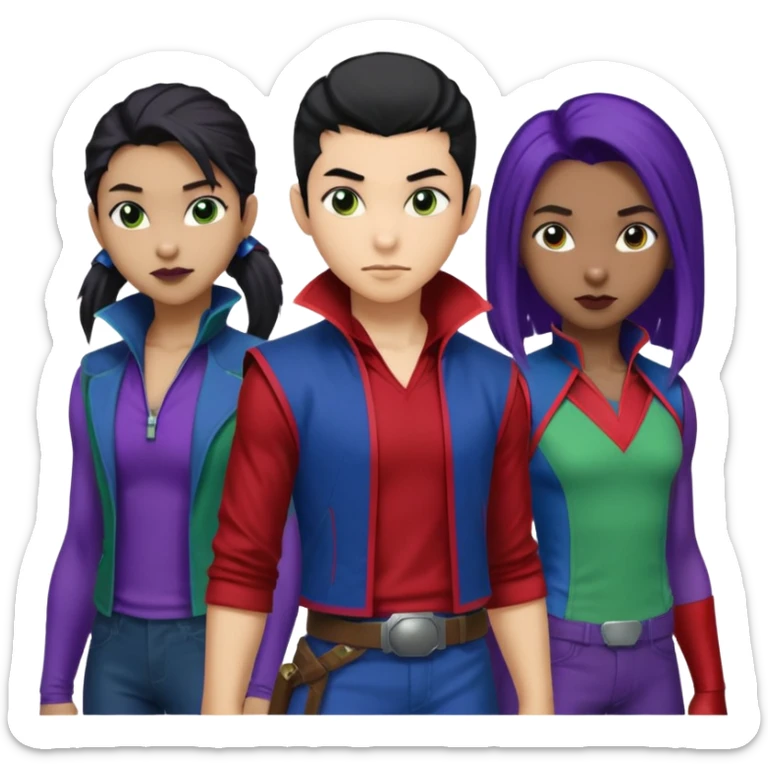 Solo poly platonic relationship, one African girl, one Asian boy, one biracial features Asian tomboy girl rat-tail hair long and upper masculine hair 90s, vampire and marvel cosplay elements inspired  use marvel race, like instead of obvious human, green purple blue etc,  sticker